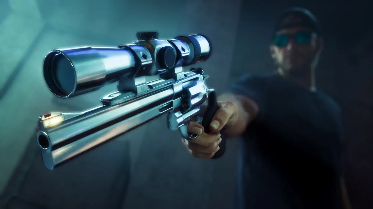 a man in a cap aiming a scoped revolver in a dark room in an official GTA 6 image