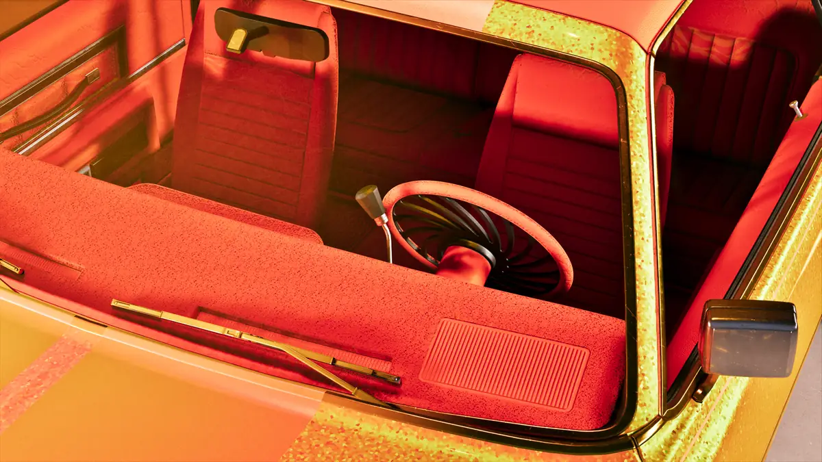 the red interior of a classic car seen through the open window, with a thin steering wheel and bench seats, in a Rockstar Games image for GTA 6