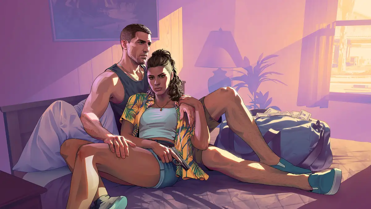 Jason and Lucia sitting together on a motel bed beside a bag of cash in Rockstar Games artwork for GTA 6