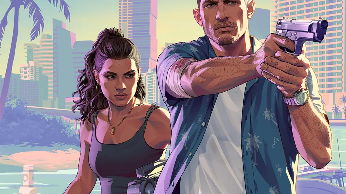 Jason aiming a pistol beside Lucia on a sunny Vice City waterfront in Rockstar Games artwork for GTA 6