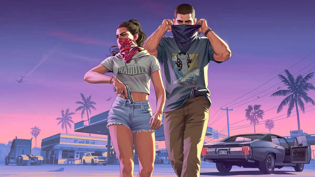 Lucia and Jason in bandanas walking down a Vice City street at sunset in official GTA 6 artwork