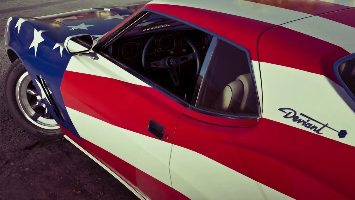 a red, white and blue stars and stripes classic car with Deviant lettering on the door in a Rockstar Games image for GTA 6