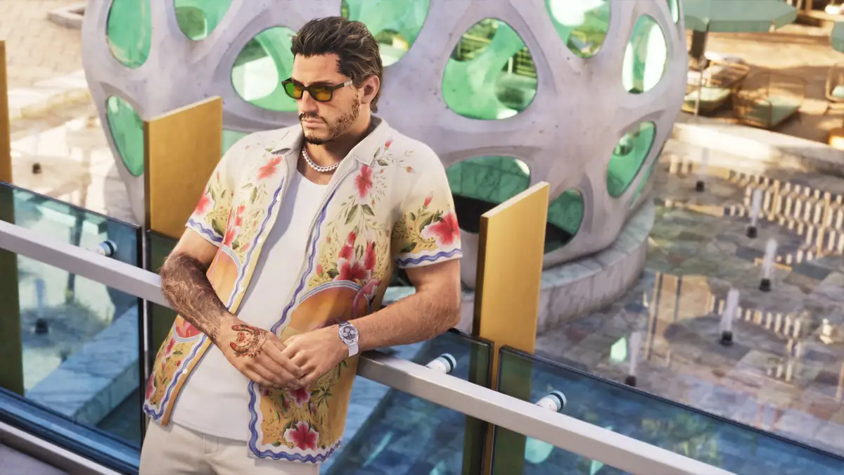Jason in a floral shirt leaning on a rail in bright Vice City light from an official GTA 6 image