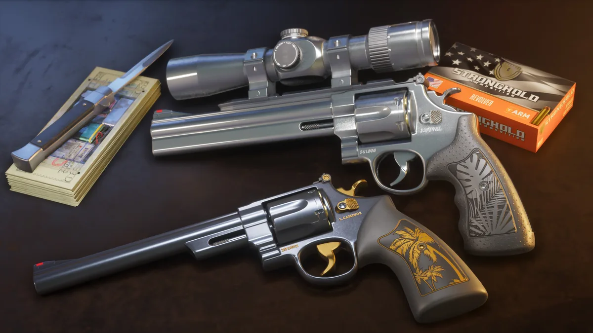 two engraved revolvers, a rifle scope, a knife and a stack of cash on a dark table in a Rockstar Games image for GTA 6