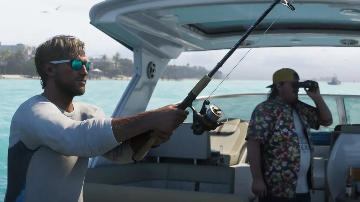 Jason fishing from the back of a boat in turquoise water with Cal Hampton behind him in an official GTA 6 screenshot