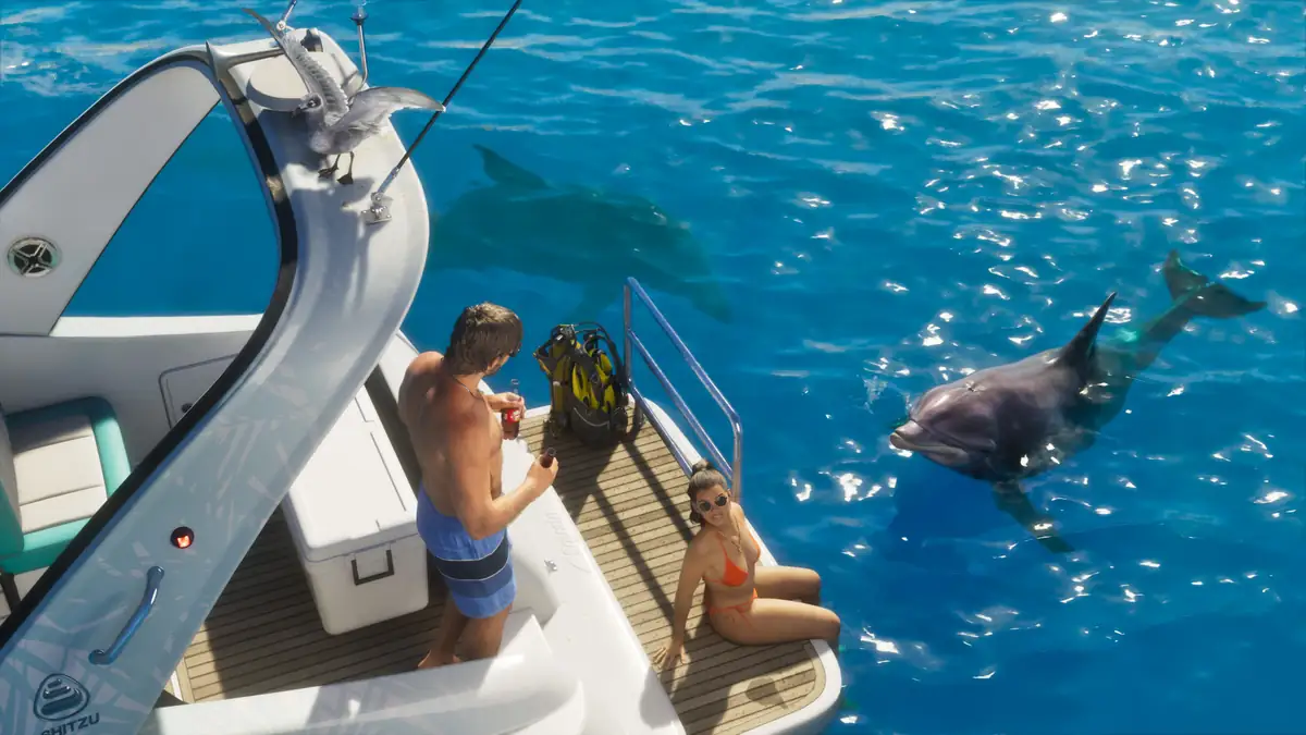 a couple on the back of a boat in turquoise water as a dolphin swims past in an official GTA 6 image