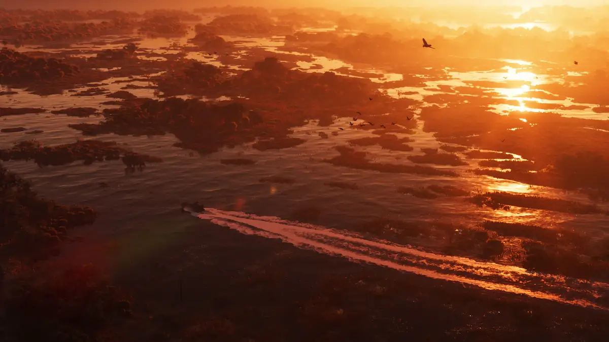 a boat wake cutting across golden sunset water between mangrove islands in an official GTA 6 screenshot