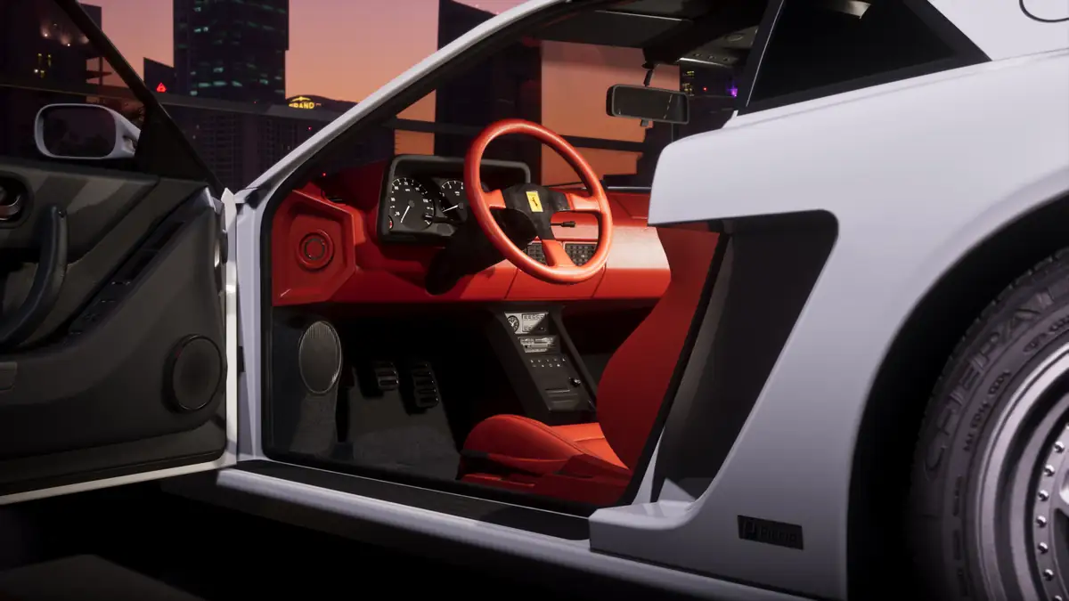 a white Grotti Cheetah with its door open showing a red interior in a Rockstar Games image for GTA 6