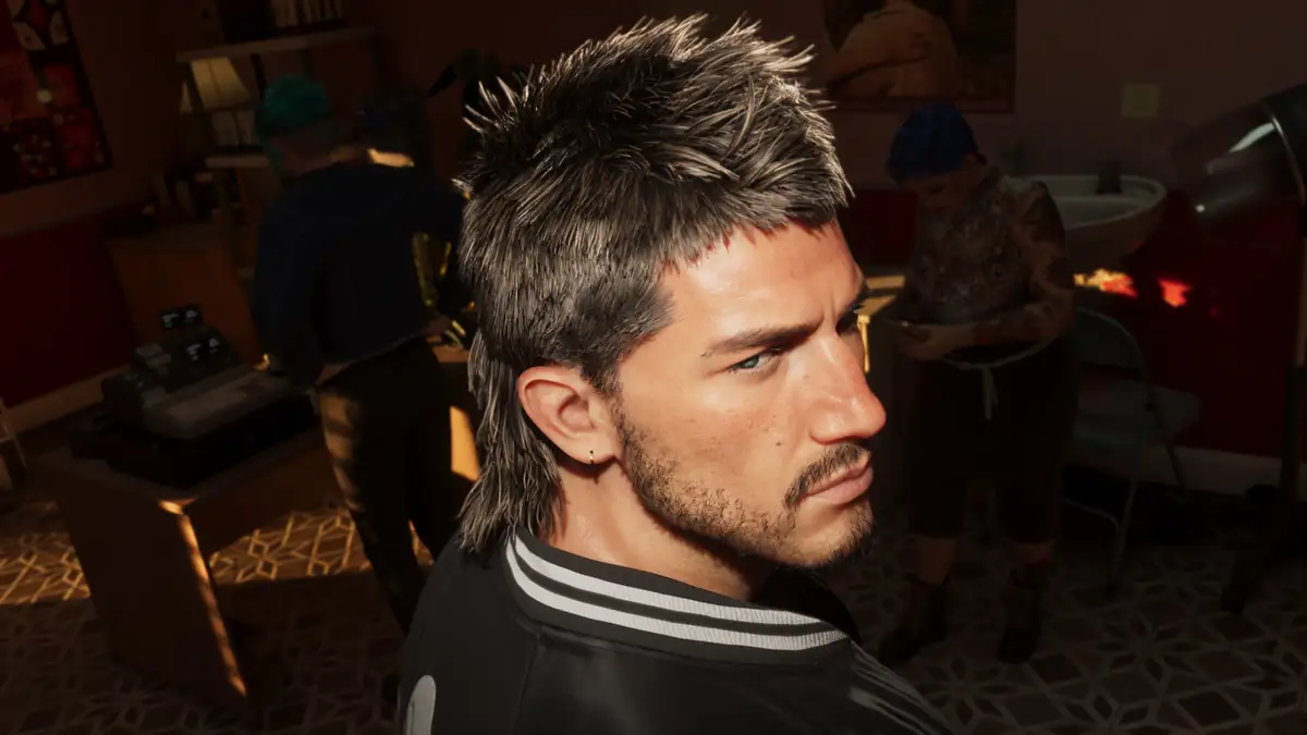 a man with a mullet in a dim Vice City salon with customers behind him in an official GTA 6 image