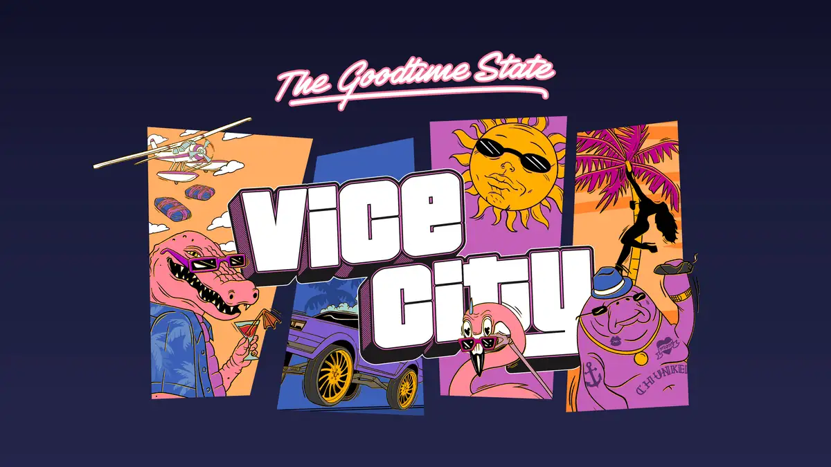 a Vice City postcard style artwork reading The Goodtime State in an official GTA 6 image