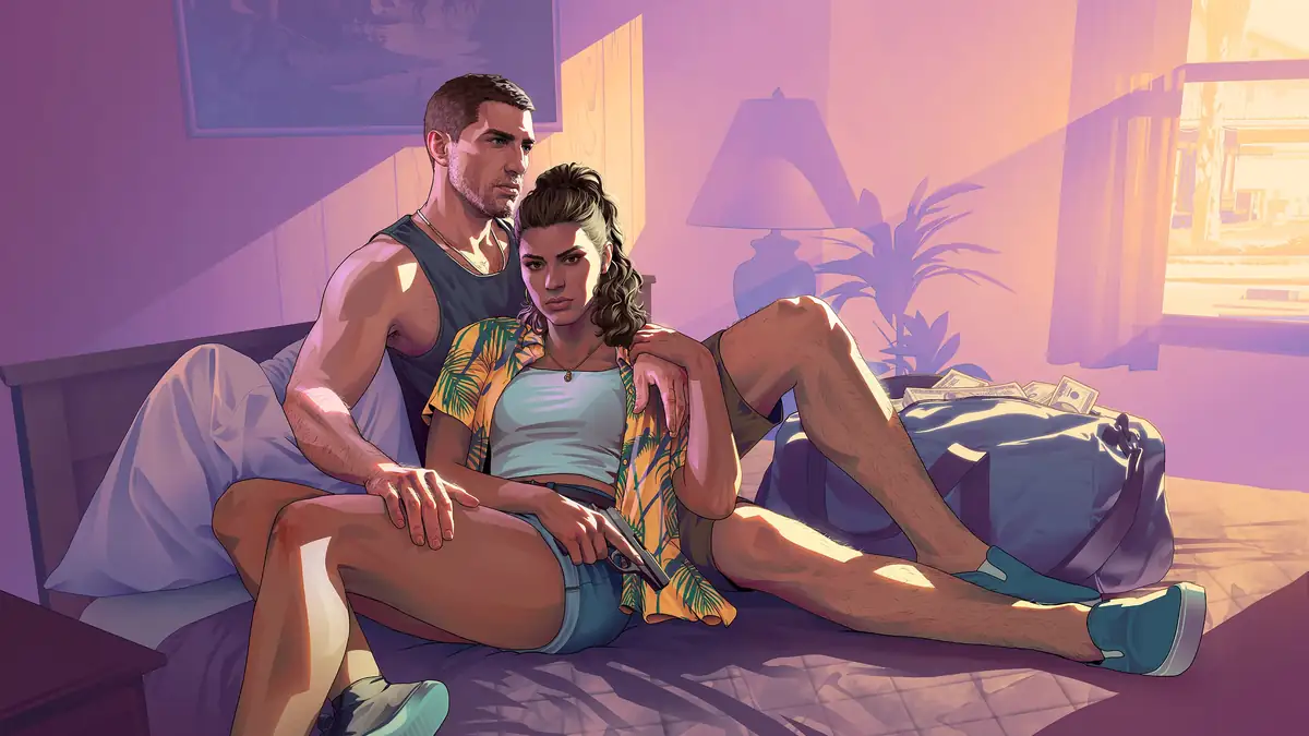 Jason and Lucia sitting on a bed in soft pink evening light in official GTA 6 artwork