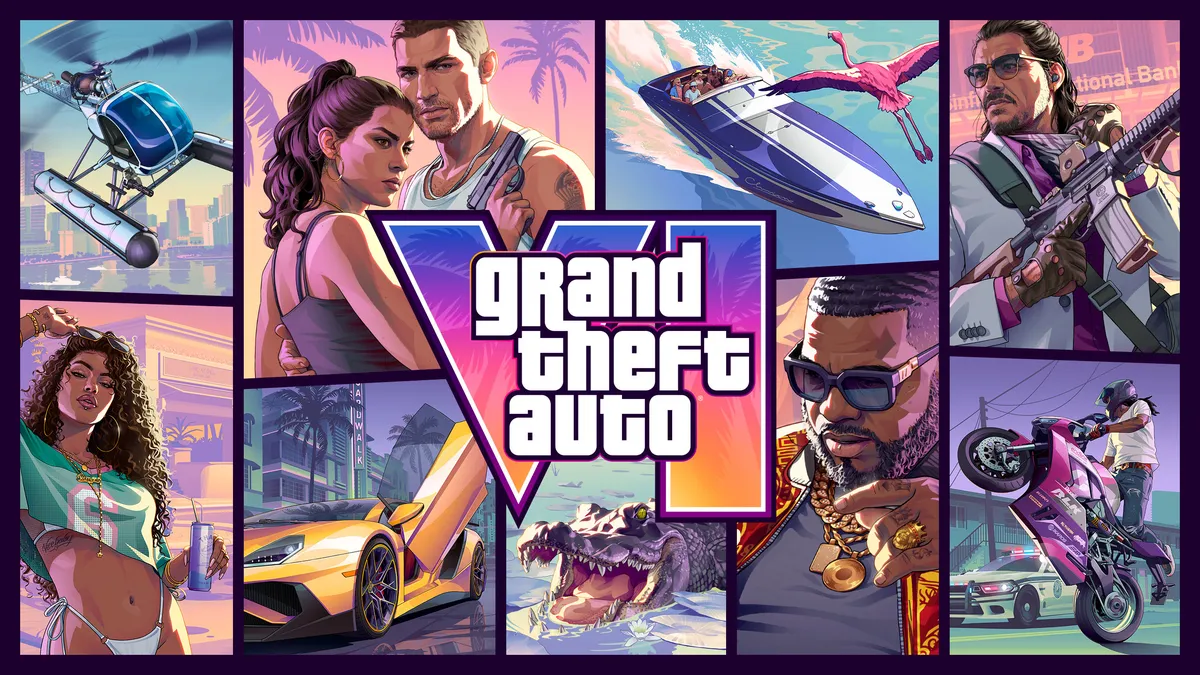 Jason and Lucia leaning on a red car under palm trees beside the Grand Theft Auto VI logo and the 19 November 2026 date in Rockstar Games key art