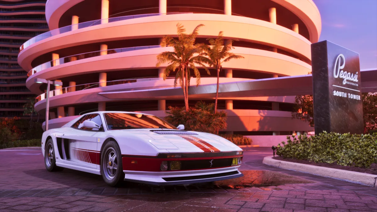 a white Grotti Cheetah sports car with red stripes parked outside a curved Vice City tower in a Rockstar Games image for the GTA 6 Ultimate Edition