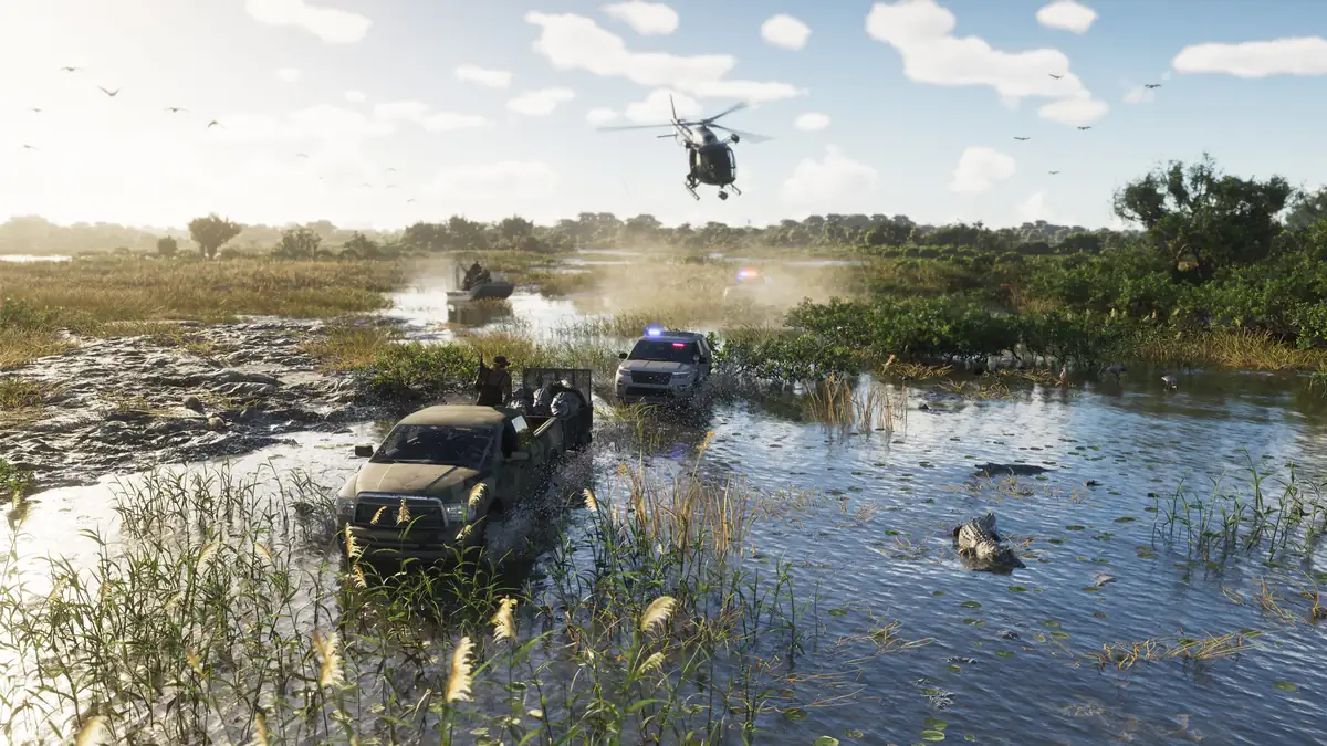 a pickup truck and a police SUV splash through the Grassrivers wetlands as a police helicopter follows in a Rockstar Games screenshot for GTA 6