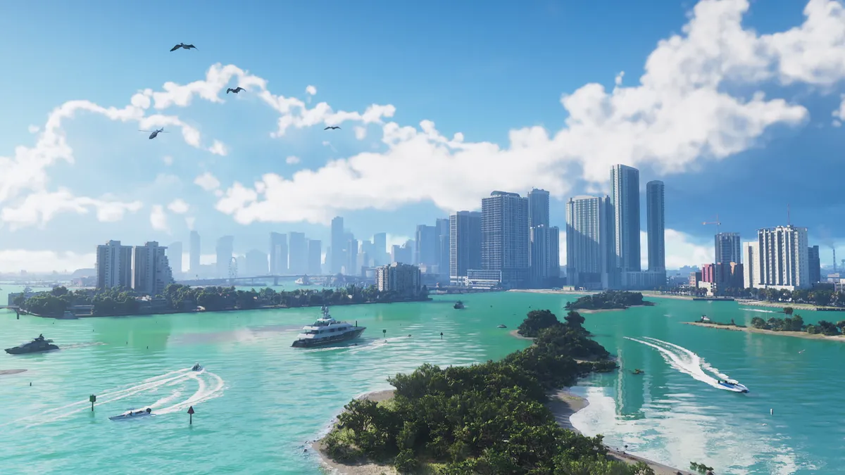 the Vice City skyline across turquoise water with boats in an official GTA 6 screenshot