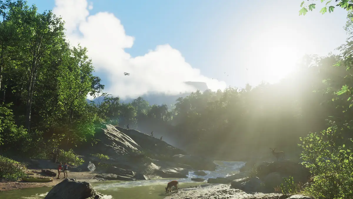 sunlight breaking through trees over a quiet river in a Leonida forest in an official GTA 6 screenshot