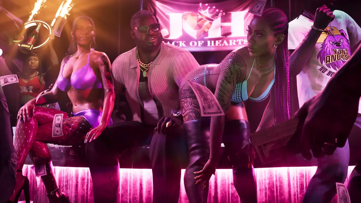 people in bright clothes at a neon lit Jack of Hearts bar in a Rockstar Games image for GTA 6