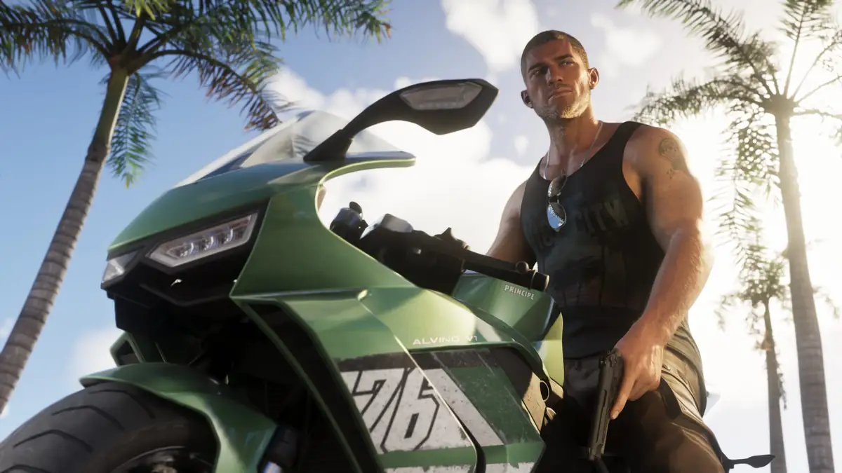 Jason standing beside a green sports motorbike under palm trees in a Rockstar Games screenshot for GTA 6