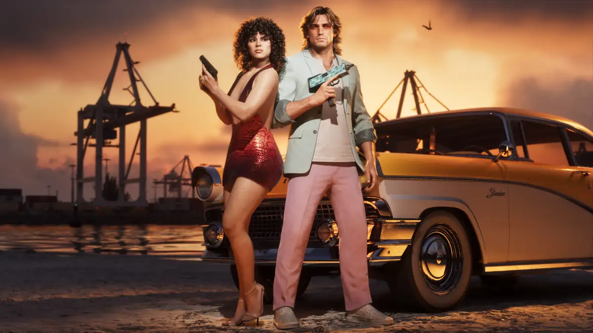 Jason and Lucia armed beside a classic car at sunset in Rockstar GTA 6 artwork
