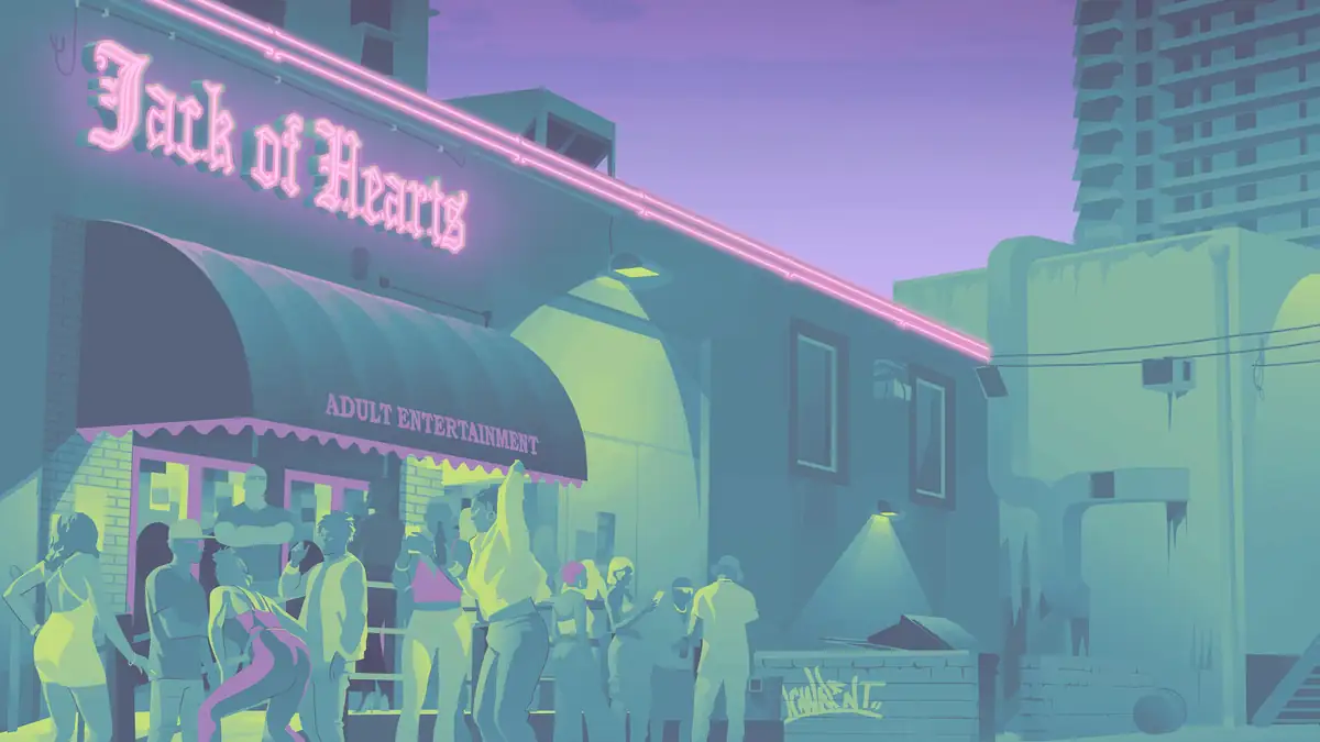 a neon lit Vice City street crowd outside a club in Rockstar GTA 6 artwork