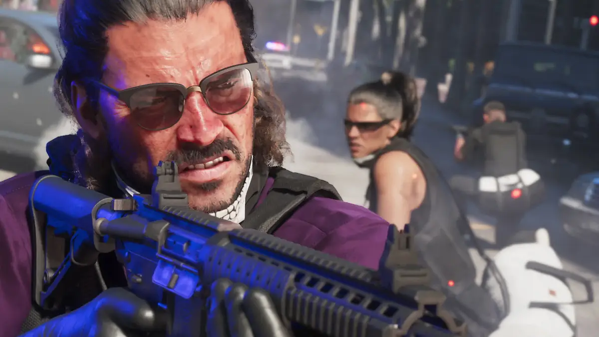 a man in sunglasses aiming a rifle in a smoky street shootout with an armed woman behind him in an official GTA 6 screenshot