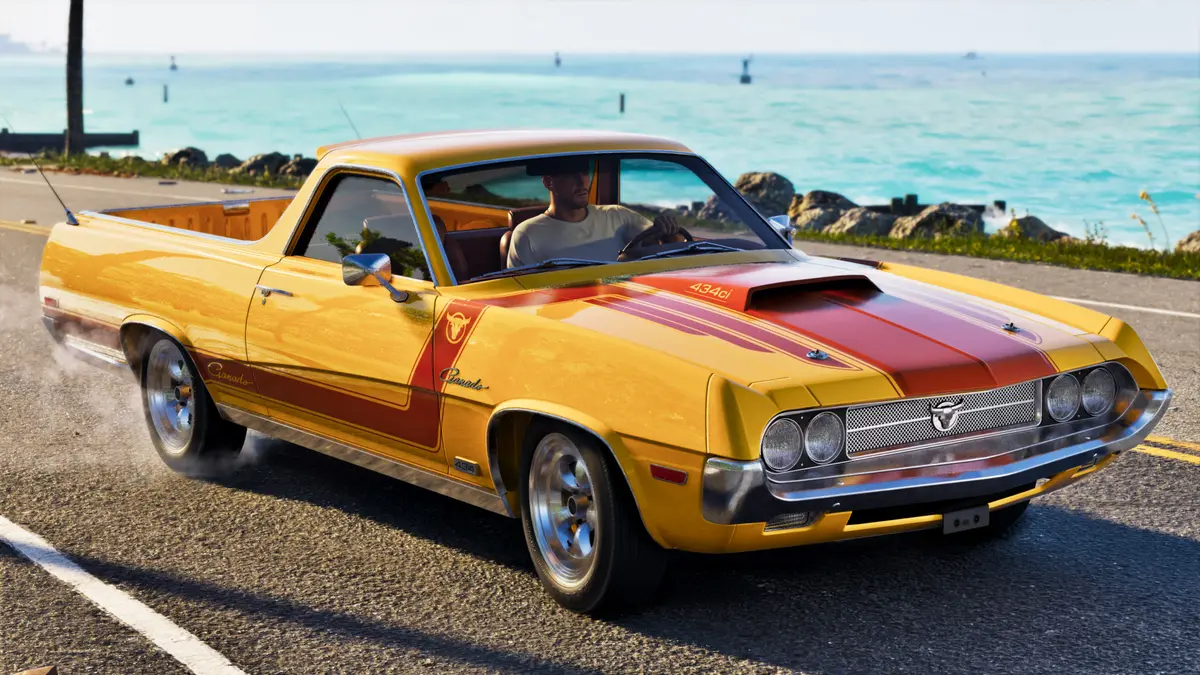 a yellow and orange Picador muscle truck kicking up smoke on a coastal Leonida road in an official GTA 6 image