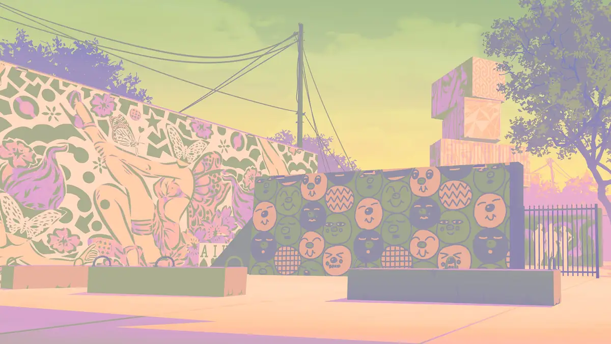 painted street murals of flowers and smiling faces beside a stack of patterned blocks under power lines in a Rockstar Games image for GTA 6